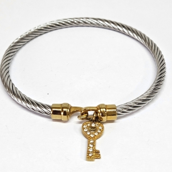 Emma Skye DSMK Stainless Steel Two-Tone Cable Bangle Bracelet Crystal Key Charm - Picture 2 of 7